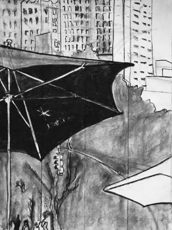 Flatiron Umbrellas;
2018; charcoal on paper, 24 x 18"